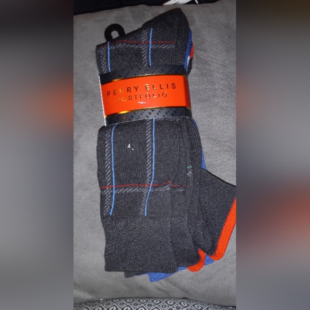 Perry Ellis 6 Pack Men's Portfolio Socks Plaid Grey Blue Dog Ski Shoe Size 7-12